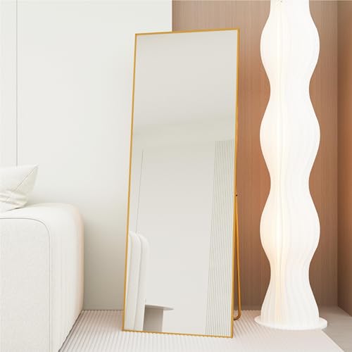 AUFHELLEN Ganzkörperspiegel 140x50cm mit Golden Metallrahmen Standspiegel HD Groß Wandspiegel mit Haken für Wohn-, Schlaf- und Ankleidezimmer Spiegel