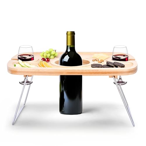 Liebspecht Wein-Picknick-Tisch - Aperitivo Tablett - tragbarer Picknick-Tisch für 2 Gläser und 1 Flasche - Bambusholz mit Metallfüßen - Ideal für Garten, Camping, Outdoor - 38x28x15,5 cm