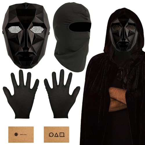 SHOWHEEL Halloween Masken Kostüm, The Game Maske Schwarze+ Handschuhe+Sturmhaube+10 Spielkarten,Game Umhang Kostüm für Halloween Karneval Halloweenabend Kostümspiel für Herren & Damen & Kinder