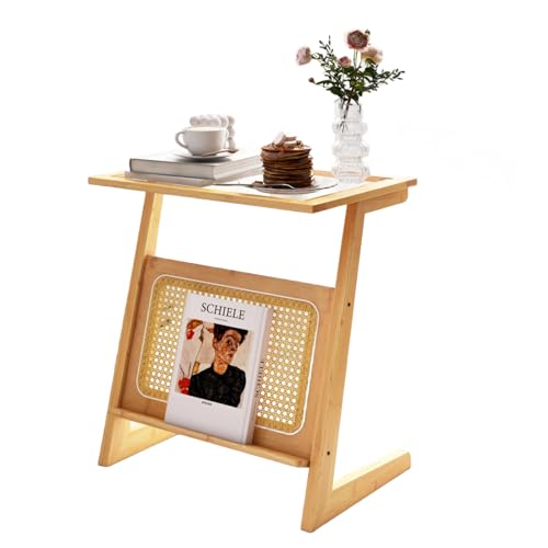 LIFEZEAL Beistelltisch Bambus, Glastisch Rattan mit Z-Regal, Wohnzimmertisch Glas mit Zeitschriftenhalter, Sofatisch Kaffeetisch für Wohnzimmer, Schlafzimmer, 51,5 x 37 x 58 cm, Natur