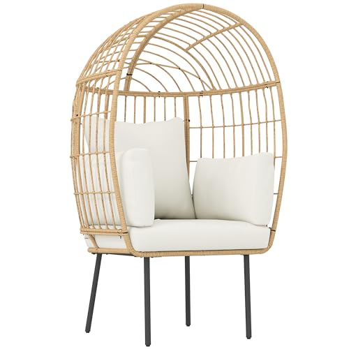 Outsunny Rattansessel Ei-Förmig mit abnehmbarem Kissen, Polster, übergroße Outdoor Sessel aus Rattan, Wetterfest Korbsessel Gartensessel Gartenstühle für Garten Balkon, Veranda, Terrasse Beige