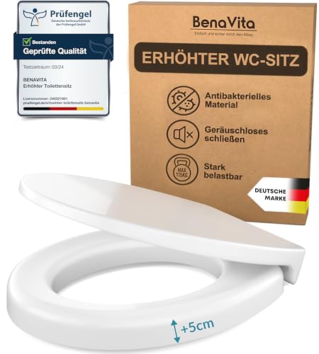 BenaVita Premium WC Sitzerhöhung 5 cm aus Duroplast - Erhöhter Toilettensitz für bequemes Sitzen inkl. Absenkautomatik - Belastbar bis 175 kg