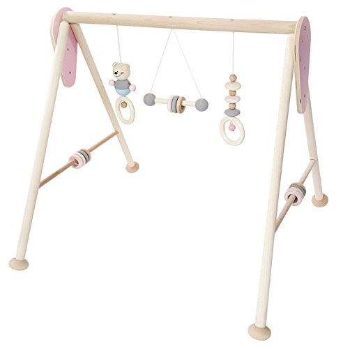 Hess Holzspielzeug 13382 - Spielgerät aus Holz, Serie Bär, für Babys, handgefertigter Spielbogen mit Figuren und Rasseln, nature rosa, ca. 60 x 58 x 55 cm