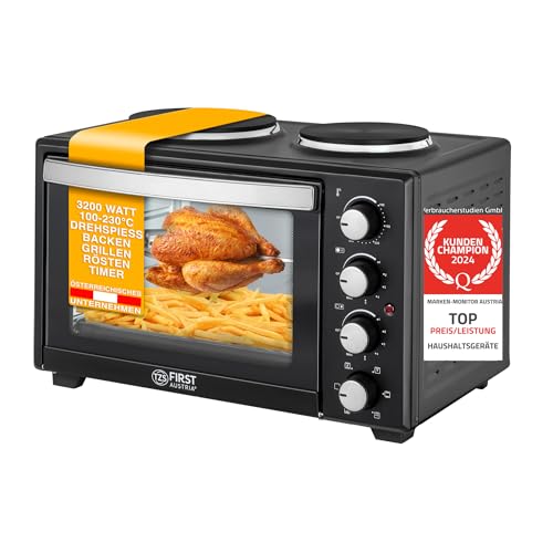 TZS First Austria Mini-Backofen mit Kochplatten | 30L Kapazität | 3200W, Umluft, max 230°C | geeignet für Camping, Wohnheim & Kleinküchen