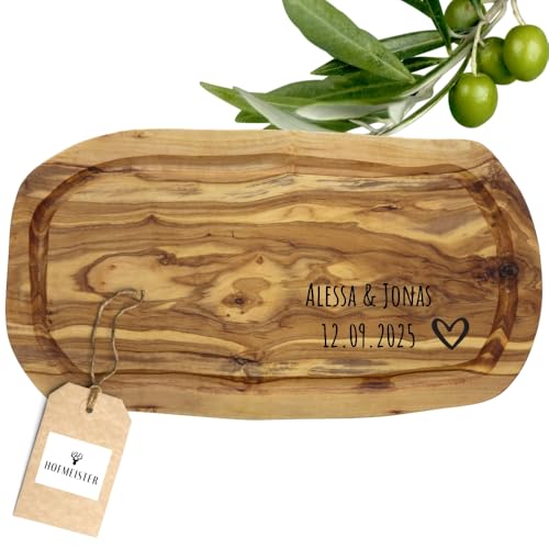 HOFMEISTER® Olivenholz Schneidebrett personalisiert mit Gravur - individuelles Geschenk zum Einzug, Hochzeit, Grillfest - mit Saftrille, 30 cm