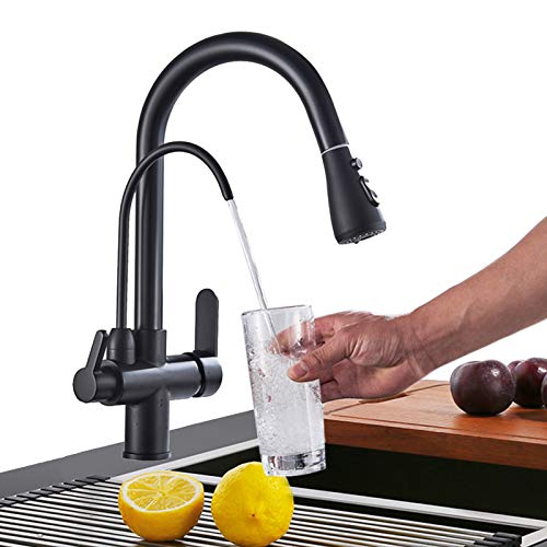 Onyzpily Reines Wasser Küchenarmatur mit ausziehbar Doppelgriff Heißes und kaltes Trinkwasser 3-Wege-Filter Küchenmischbatterien 360° Schwenkbarer Hochdruck Wasserhahn Küche Schwarz für Spüle