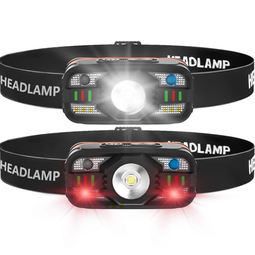 Skylla stirnlampe led aufladbar 2 Stück, Superhell Sensor Stirnlampe mit Rotlicht 11 Lichtmodi IPX5 Wasserdicht Kopflampe Perfekt zum Joggen, Campen, Angeln