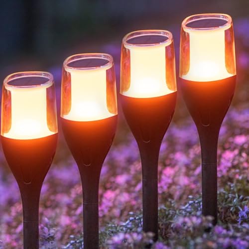 Lumiled Solar Gartenfackel 4er Set Solarleuchten 64,5 cm mit Erdspieß LED Solarlampe flackernder Flamme IP65 Garten Solarleuchte Flammeneffekte Fackel Gartenlampe Flamme 1200mAh 1800K Flammenlicht