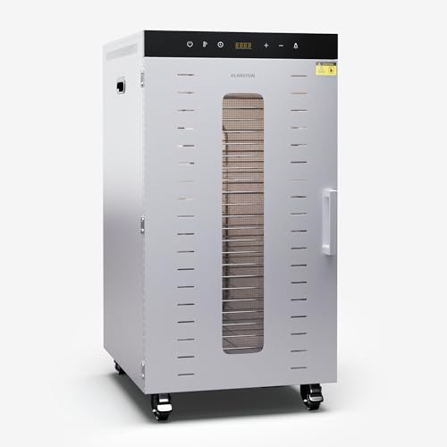 Klarstein Dörrautomat – 2.000-W-Dörrgerät, 24 Edelstahl-Einlegeböden, 30–90 °C, 24-Stunden-Timer, 3 Ventilatoren, 50–55 dB, ideal für Obst, Gemüse, Fleisch & Kräuter, Silber