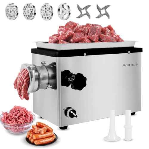 Anatole Fleischwolf Elektrisch Profi Hackfleisch Maschine 950W Edelstahl Multi Wurstmaschine mit 6/8/10mm/3-Loch Schleifplatten 1 Wurstfüller 2 Klingen für Restaurant Hotel 220V