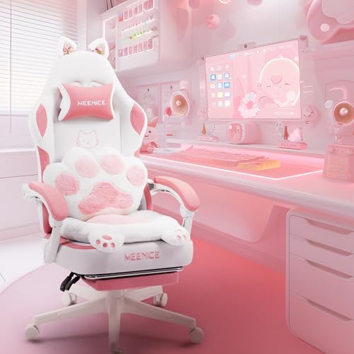 MEENICE Cute Gaming Stuhl mit Katzenpfote Lendenkissen und Katzenohren, Velour Ergonomische Gamer Stuhl mit Fußstütze, Zurücklehnen PC-Spiel Stuhl für Mädchen, Teenager, Kinder, Rosa