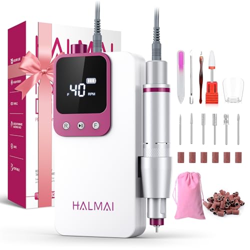 HALMAI Elektrischer Nagelfräser Professionell, Tragbare Nagelfeile für Acryl-Gel-Nägel, Kabelloses wiederaufladbares Nagelbohrer-Kit 40000RPM, HMC320 Salon-Grade Efeil-Nagelmaschine (Weiß)