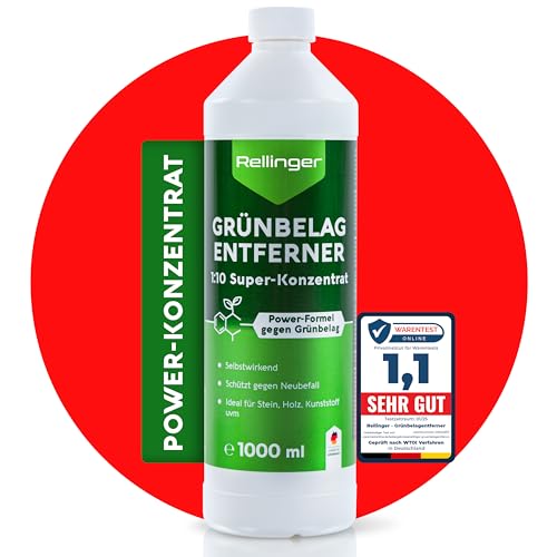 RELLINGER® Grünbelagentferner 1l [POWER-KONZENTRAT] - Fassadenreiniger Moosentferner - Effektive Grünbelag & Algen Entfernung - Hochwirksamer Langzeitschutz - für Fassade, Terrasse, Dach & Stein