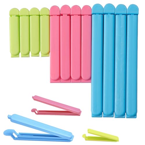 SHUBEIEUMI 12 Stück Verschlussclips, 7/11/16 cm Verschlussklammern, Mehrere Farben Clips für tüten, Wiederverwendbar Tütenklammern für Beutel, Kaffee, Nuss, Verpackung von Keksen, Küche und Büro