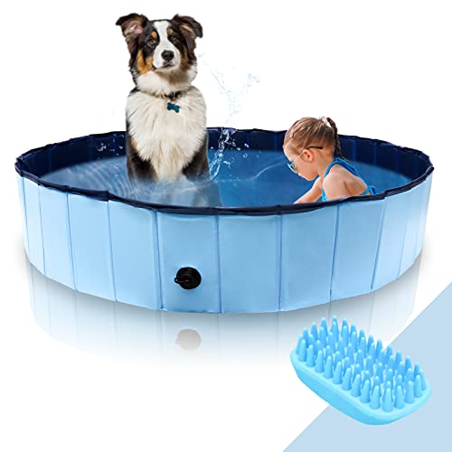 Herrselsam hundepool für große Hunde 120 x 30cm, Hundepool planschbecken Schwimmbad Umweltfreundliche PVC verschleißfest Hunde poolmit Haustier Badebürste (blau)
