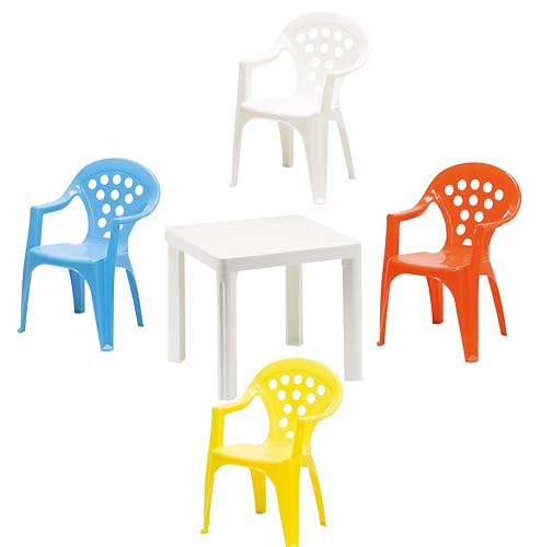 hLine Kinder Garten Sitzgruppe Tisch mit Stühlen Gartenstuhl Sessel (1 Tisch 4 Stühle bunt)