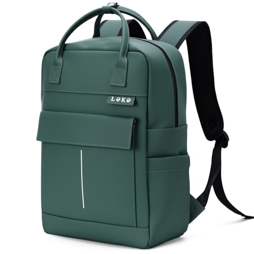 Lekespring Rucksack Wasserdicht Damen Herren, 15,6 Zoll Leder Laptop Schulrucksack mit Laptopfach, Groß Reiserucksack Arbeitstasche, Minimalistischer Backpack Women Elegant für Reise Uni Büro-Grün