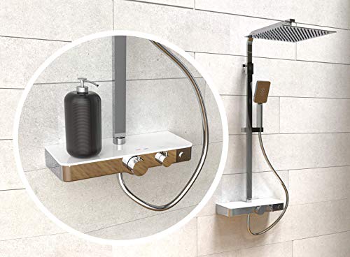 SCHÜTTE OCEAN Duschsystem mit Thermostat und Glasablage-Duschset mit 30x30cm, Regendusche mit Wandhalterung und Duschkopf-Duschpaneel Duschsäule in Chrom/Weiß 60530