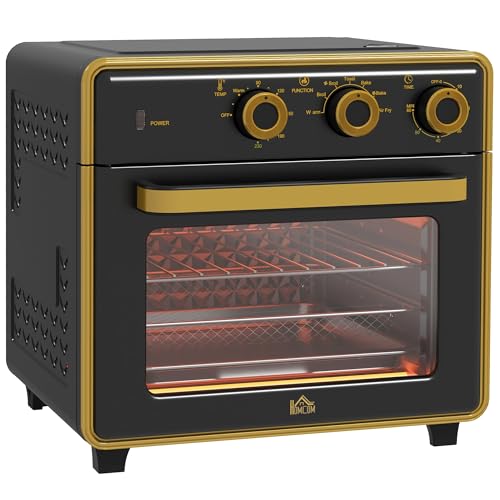 HOMCOM Minibackofen mit Umluft 20L Mini Ofen mit Backblech, Grillrost und Krümelblech, 90 °C-230 °C Heißluftfritteuse mit 5 Modi, Frittierkorb, 60 Min. Timer, 1400W, Metall