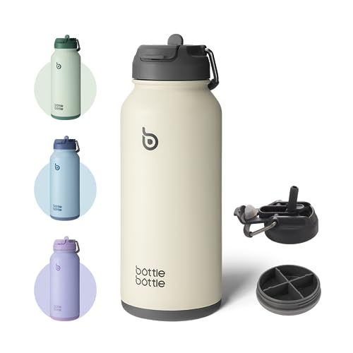 bottlebottle BOTTLE BOTTLE Edelstahl Trinkflasche 1L mit Strohhalm – Auslaufsichere Isolierflasche für Sport & Fitnessstudio, mit Pillenfach, BPA-frei, doppelwandig (Grau)