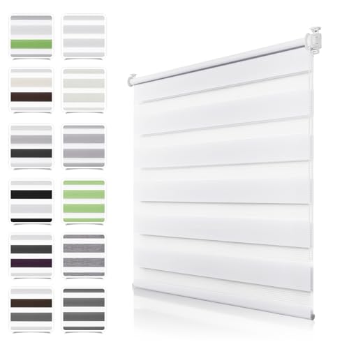 Doppelrollo Klemmfix ohne Bohren Weiß B85 x H120cm(Stoffbreite 80cm) Rollos für Fenster ohne Bohren & mit Bohren Duo Rollo Klemmrollo Zebrarollo Rollo Höhe Stufenlos Verstellbar & Kindersicherung
