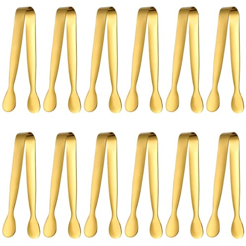 Eiszangen Set,12 Stück,Servierzange Edelstahl Eiszange Set,Candybar Zangen,Salatzange Gebäckzange Süßigkeiten Candy Clip,für Hochzeit Party Bar Büfett Grill Picknick(Gold)