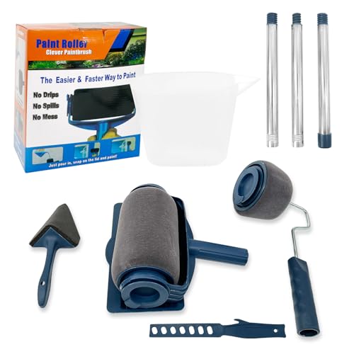 7-teiliges Malerset mit Farbroller und Tank | inkl. Kantenroller, Eckenstreiche, Teleskopstange und Tablett | Ideal für Wand und Decke Malerset Farbroller Set für Heimschule Malerei