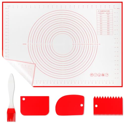 WECUTE Backmatte Silikon 70 x 50 cm Backunterlage Silikon Rutschfeste mit Messung, Wiederverwendbar Fondant Zubehör für Teig, Fondant, Macarons, Kekse (Mit 3 Stück Teigschaber 1 Bürsten) (Rot)