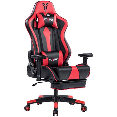 KCREAM Gaming Stuhl 200kg Belastbarkeit, PC Stuhl Ergonomischer Gaming Sessel mit Fußstütze, Drehbarer Schreibtischstuhl mit Rollen, Gamingstuhl mit Kopfstütze und Lumbalkissen, Rot