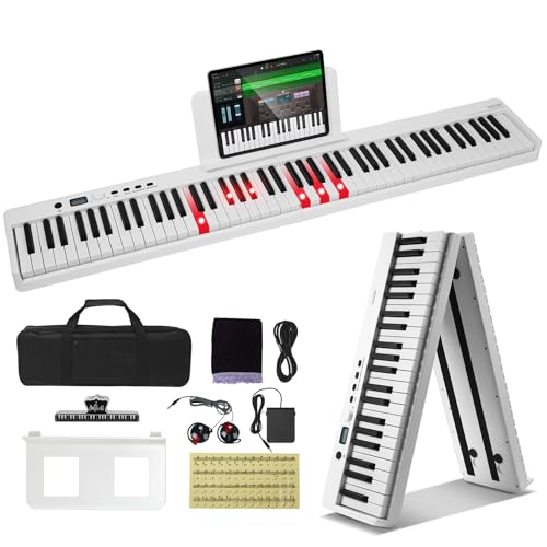 VEVOR E Piano 88 Tasten Faltbares Digital Piano Bluetooth MIDI tragbares elektronisches digitales Klappklavier mit Sustain-Pedaltasche berührungsempfindlichen Tasten Kopfhörern wiederaufladbar weiß