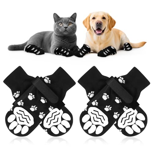 4pcs Anti-Rutsch Socken für Hunde Indoor, Hundesocken Anti Rutsch Pfotenschutz Hund Verletzung mit Klettverschluss, Non Slip Dog Socks with Grippers Prevent leckschutz Hund Pfote, Schwarz(M)