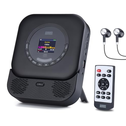 August SE15 Tragbarer Bluetooth 5.3 CD Player mit Lautsprecher 3,5mm Audio In/Out Wiederaufladbar CD Spieler mit USB/Equalizer/Überspringschutz/Wiederholungsmodus/Wandhalterung/Ohrhörer&Fernbedienung