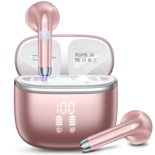 HOIFA Bluetooth Kopfhörer, Kopfhörer Kabellos Bluetooth 5.4 In Ear Kopfhörer mit 4 ENC Noise Cancelling Mic, 40H Spielzeit mit LED, IP7 Wasserdicht in Ear Ohrhörer für Arbeit/Studium/Freizeit Rosé