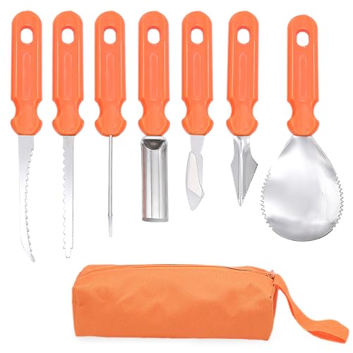 FORYNXHWIN Halloween Kürbis Schnitzset, 7 Stück Kürbis Schnitzen Set, DIY Halloween Dekoration Edelstahl Kürbis Schnitzwerkzeuge mit Oxford-Stoff Tragetasche für Kinder und Erwachsene