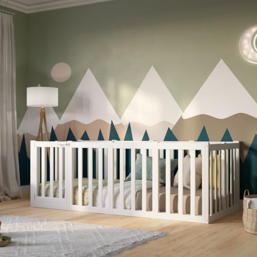 Crazy Pine Kinderbett 200x120 cm – Montessori Bodenbett mit Hohem Rausfallschutz 73cm und Öffnbarer Barriere - Weiß mit Glatter Oberfläche - Perfekt für Jungen und Mädchen Crazy John
