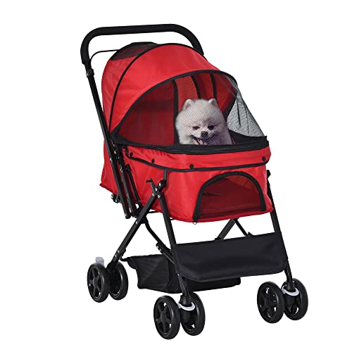 PawHut Hundebuggy Hundewagen Buggy für kleine Hunde und Katzen Haustierwagen Pet Stroller Katzenbuggy Oxford Rot 76,5 x 52 x 95 cm