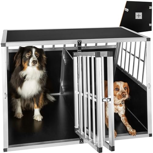 tectake® große Hundebox Auto oder Hundebox für Zuhause. Aluminium Doppel Hundetransportbox mit Trennwand, leicht und stabil, Auto Kofferraum Transportbox für bis zu 2 Hunde 104x90,5x69cm