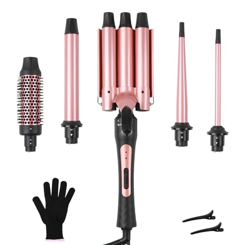 Großcat Lockenstäbe Set 5 in 1, Welleneisen mit Multifunktion Lockenbürste und 4 austauschbaren Lockenwickler Keramikbeschichtung (9-32mm), Doppelspannung 100-240V, Schwarzes Gold