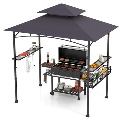 HOMASIS Grillpavillon mit Seitenablage, Pavillon mit Doppeldach, 2 Tischen, Haken und Flaschenöffner, wetterfester Pavillon und Schutz für den Garten, Außengrill (Dunkelgrau, 242x153x250cm)