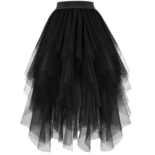 JasGood Damen Tüllrock High Low Layered Unregelmäßig Tüll Rock Damen A-Linie Midirock Ballett Tutu Abschlussball Karneval Party Rock,Schwarz,M