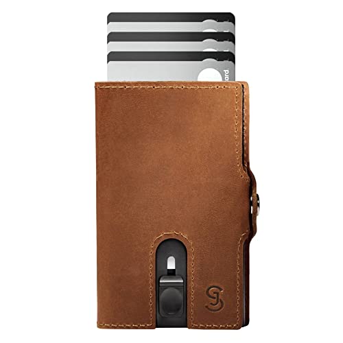 SlimJack® Wallet mit Münzfach - Jackster Wallet - Kreditkartenetui mit RFID-Schutz - Geldbeutel für Herren - Aluminium-Kartenhalter - Smart Wallet für Karten & Münzen - Hellbraun Leder