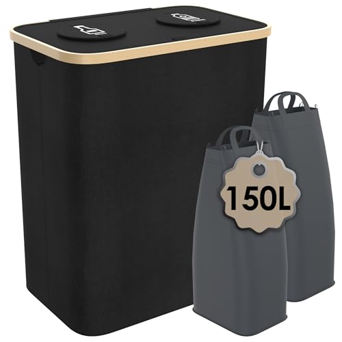 Suusolny 150L Pfandflaschen Sammelbehälter Quadrat mit abnehmbaren Tragetaschen Leergut & Altglas Aufbewahrung Pfandbehälter mit Einwurf Flaschen organizer Flaschensammler Sammelbehälter - Schwarz
