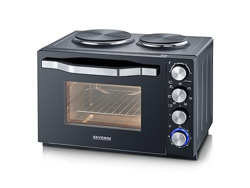 SEVERIN Back- und Toastofen mit Kochplatten, Backofen mit 30 L Garrauminhalt, Minibackofen mit Kochplatten zum Kochen, Grillen und Backen, Gesamtleistung 2500 W, schwarz, TO 2074