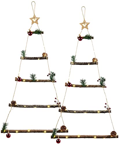 infactory Deko Abendmahlszene: 2er-Set Deko-Holzleitern, je 30 LEDs,Weihnachtsbaum-Form zum Aufhängen (Weihnachtsdekos Abendmahlszene, Dekoleiter, Lichterkette)