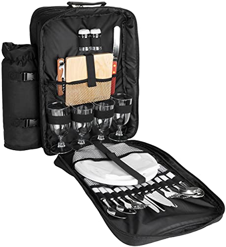 BRUBAKER Picknickrucksack für 4 Personen Schwarz 30 × 39 x 21 cm - inkl. Kühlfach + Abnehmbarer Iso-Flaschenhalter