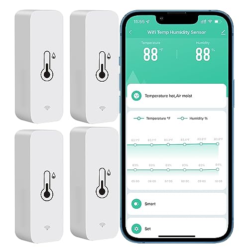 PHOVOLT WLAN Hygrometer Thermometer Sensor, kabelloser intelligenter Temperatur und Feuchtigkeitsmonitor mit Remote App Benachrichtigungsalarm, für Zuhause, Gewächshaus (4 Stück)