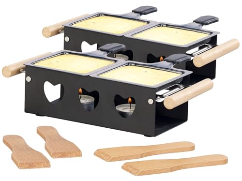 Rosenstein & Söhne Raclette Teelichtofen: 2er-Set Teelicht-Raclette für 2 Personen, mit Schabern und Teelichtern (Kochen ohne Strom, Kochen mit Teelichter, Stövchen)