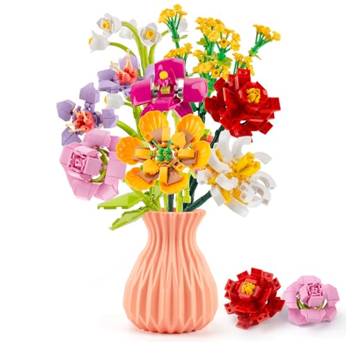 TENYEAH Blumenstrauß Klemmbausteine Mit Vase, 756 Teile 8 Blumen, Rose Flowers Set Geschenks Spielzeug für Frauen Mädchen Lieber Ideal für 8+