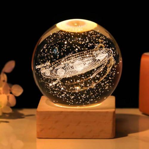 3D Kristallkugel Nachtlicht, Glaskugel-Nachtlampe Mit Holzsockel, Leuchtende Kristallkugel 6 cm, 3D-Kristallkugel, Planet Lampe, Kristall Kugel Geschenk für Kinder Geburtstag Freunde Festival Paar