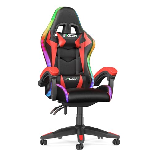 bigzzia Gaming Stuhl mit LED - Gaming Sessel Ergonomischer PC Stuhl mit Kopfstütze, Gamer Stuhl RGB Licht Beleuchtung Computerstuhl, Gamer Chair für Jugendliche und Erwachsene, Schwarz-Rot